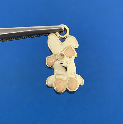 Vintage 10K Yellow Gold White and Pink Enamel Baby Girl Bunny Charm Pendant