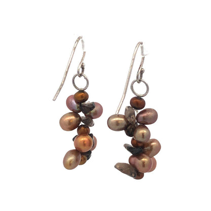 Designer 925 Sterling Silver Pearl Smoky Topaz Cluster Dangle Drop Hook Earrings