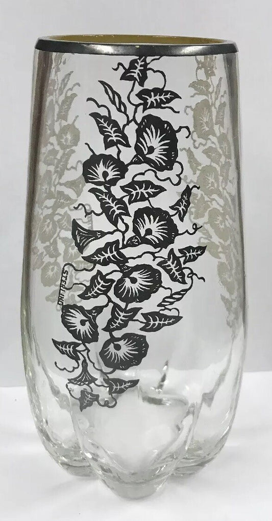 Vintage Clear Glass Sterling Silver Overlay Morning Glory Floral Pattern Vase
