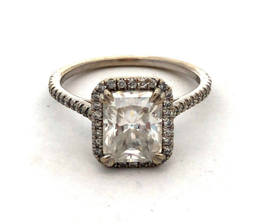 Designer 14K White Gold Emerald Cut Moissanite Halo Engagement Ring