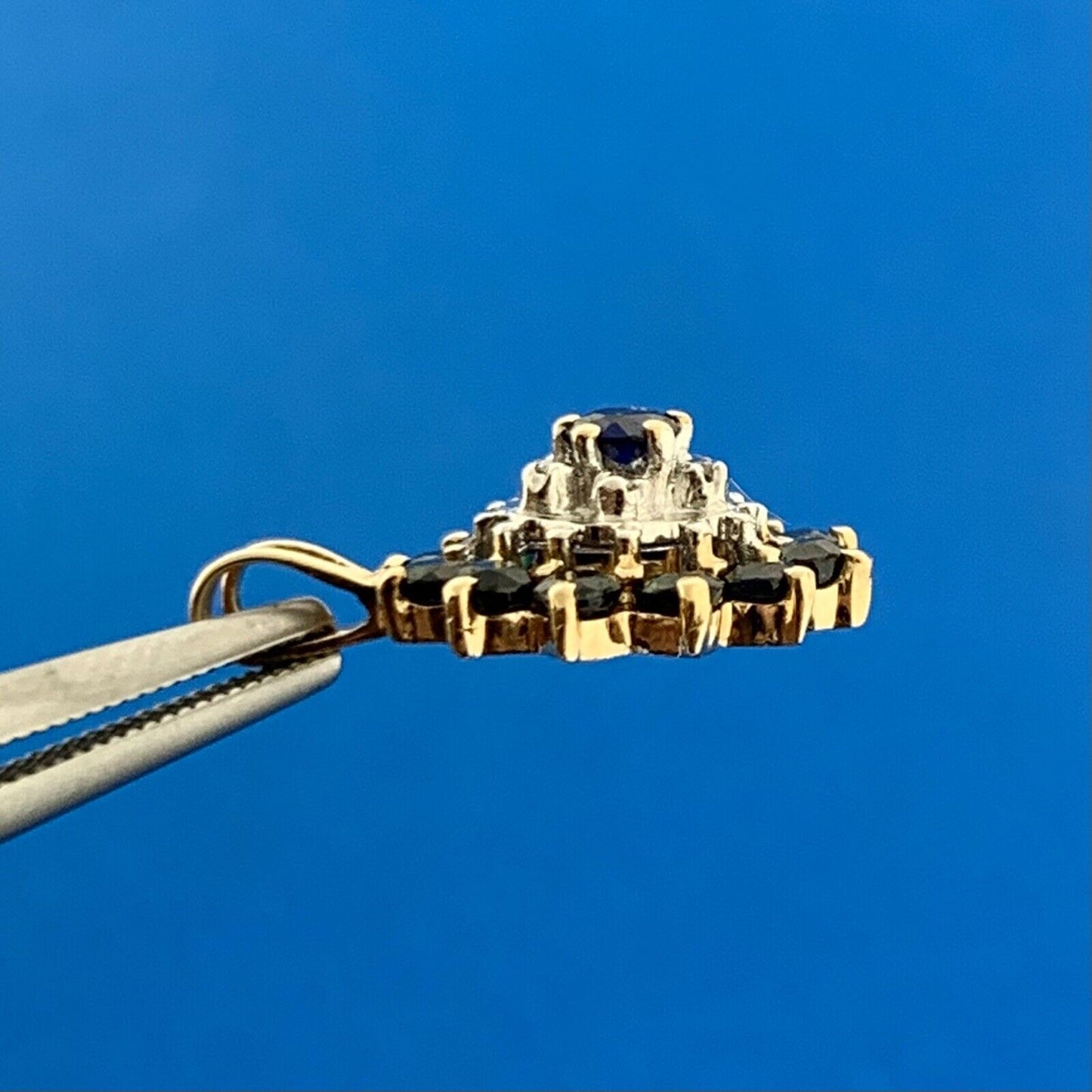 Vintage 14K Yellow White Gold Blue Sapphire Diamond Accent Anniversary Pendant