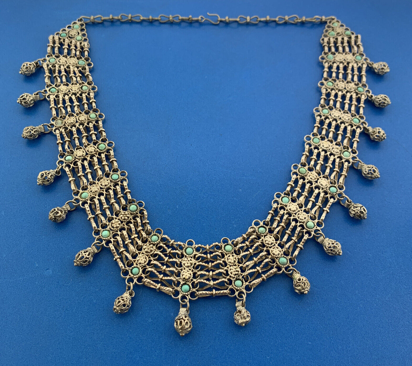 Vintage Silver Tone Floral Lattice Turquoise 7 Strand Statement Collar Necklace
