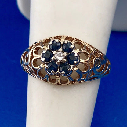 Vintage 10K Yellow Gold Sapphire Diamond Open Work September Cocktail Dome Ring