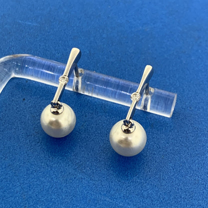 Modernist 14K White Gold Pearl Cubic Zirconia Dangle Drop Stud Earrings