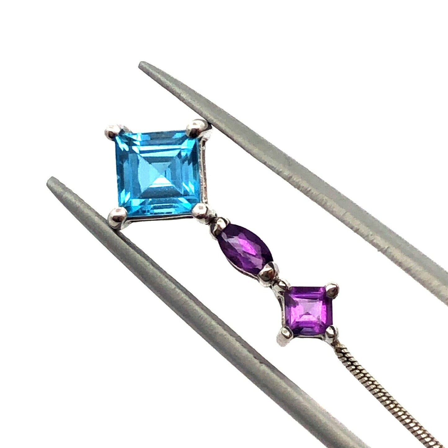 Designer 14K White Gold Blue Topaz and Amethyst Dangle Threader Earrings