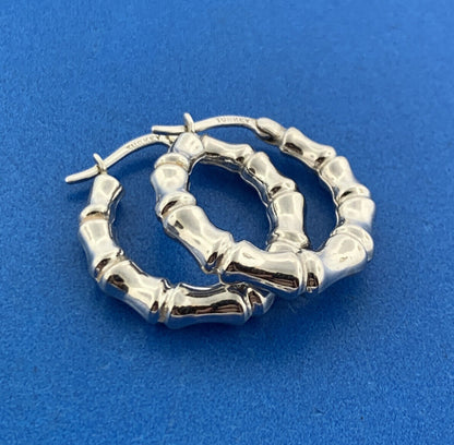 Designer ARR Turkey 14K White Gold Bamboo Design Elegant Hoop Earrings