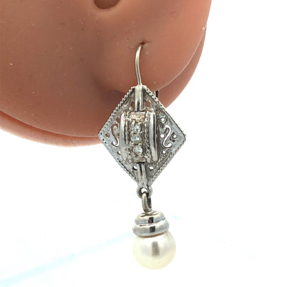 Art Deco 14K White Gold Pearl Diamond Filigree Drop Dangle French Hook Earrings