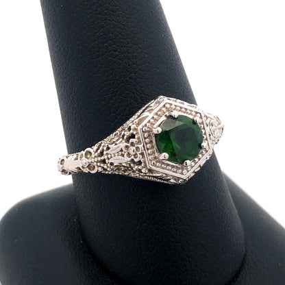Designer BBJ 925 Sterling Silver Round Green Tourmaline Filigree Solitaire Ring