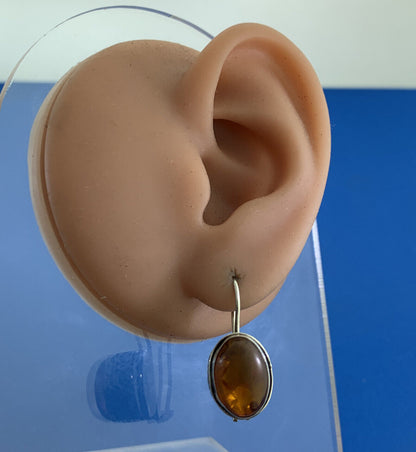 925 Sterling Silver Oval Amber Cabochon Balinese Style Drop Hook Earrings