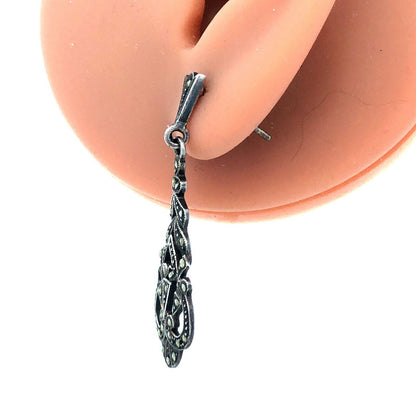 Designer SU 925 Sterling Silver Marcasite Art Deco Style Dangle Stud Earrings