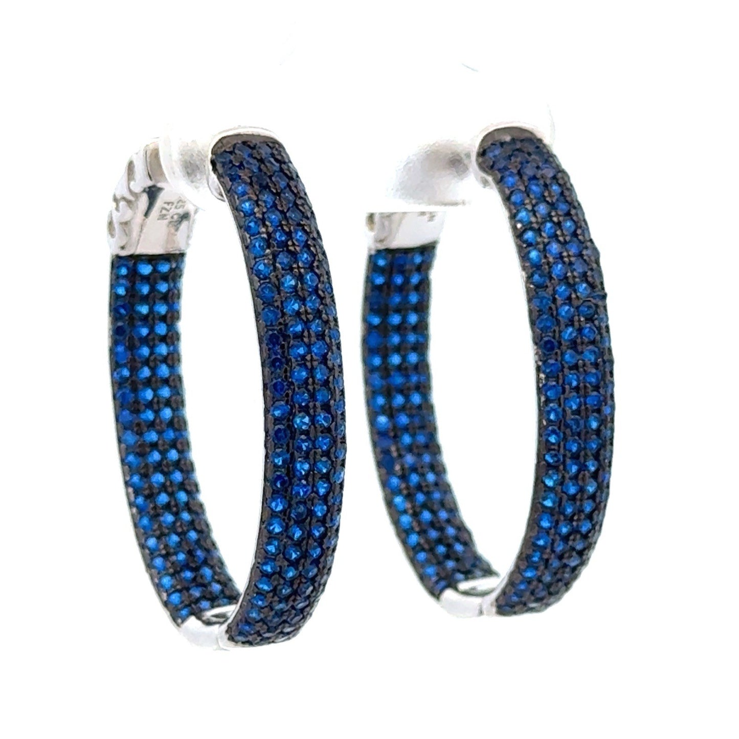 Designer 925 Sterling Silver Blue Quartz Pave Oval Inside Out Hoop Earrings