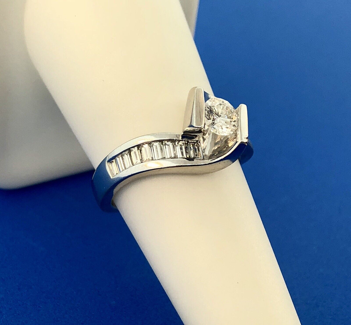 14K White Gold Diamond Solitaire W/Accents Suspension Bypass Engagement Ring