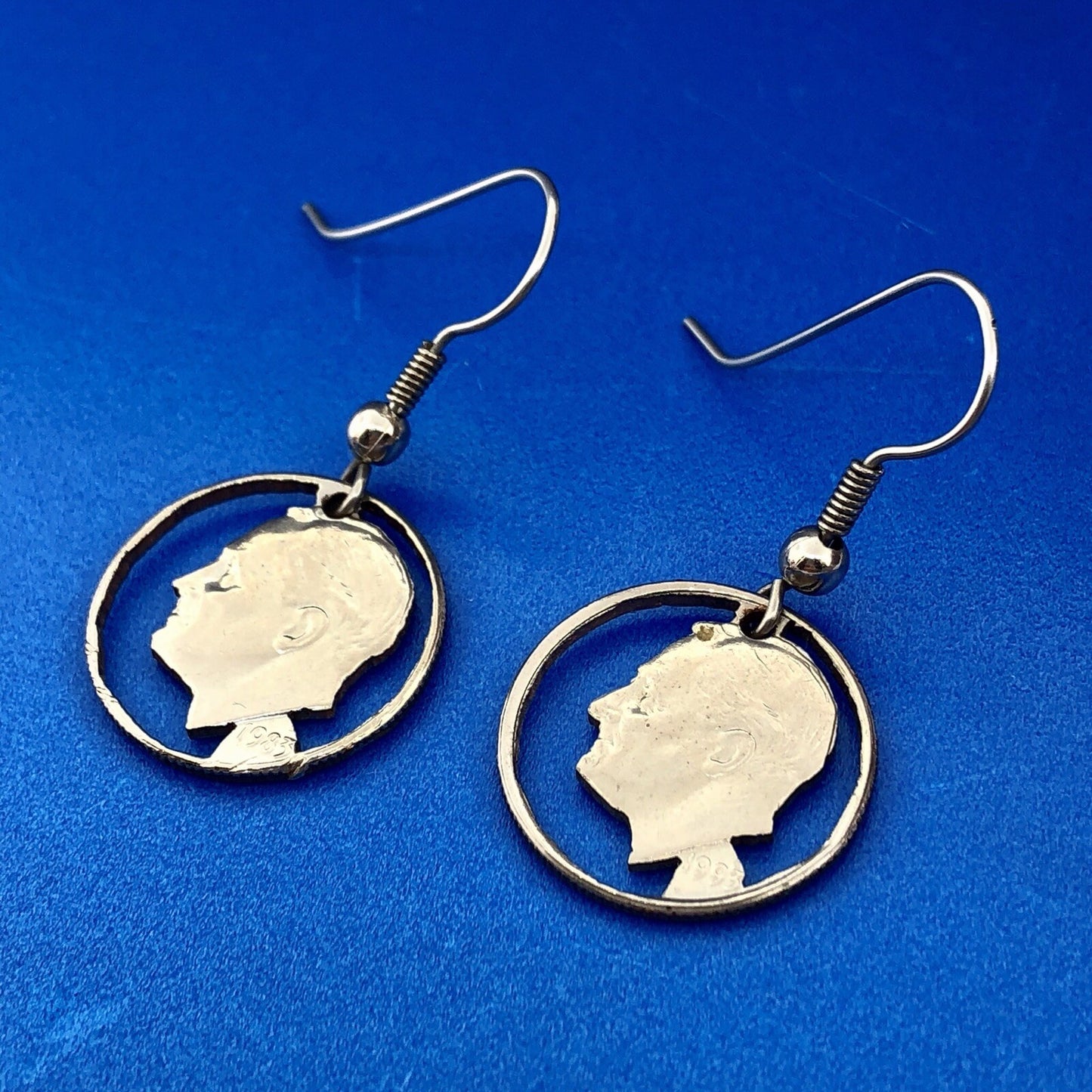 Estate Silver Tone Copper Nickel Roosevelt Dime Cutout Dangle Drop Earrings