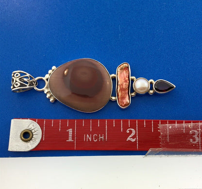 Sterling Silver 925 Carnelian Jasper MOP Garnet Pearl Statement Pendant