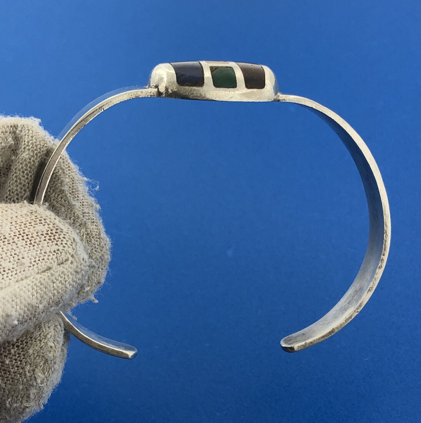 Sterling Silver 925 Tiger's Eye Lapis Malachite Native American 6" Cuff Bracelet