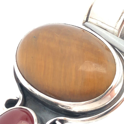 Vintage CII Mexico 925 Sterling Silver Oval Tigers Eye Red Carnelian Pendant