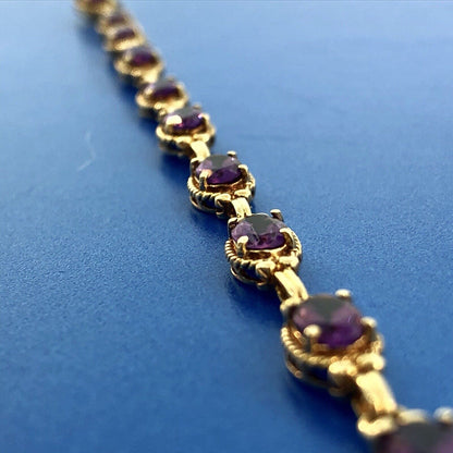 Vintage 10K Yellow Gold Oval Amethyst Panel February Anniversary Tennis Bracelet