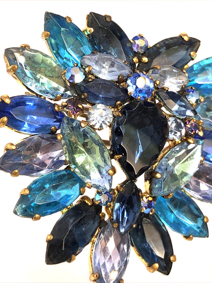 Vintage West Germany Blue Rhinestone Gold Tone Statement Earrings & Brooch Set