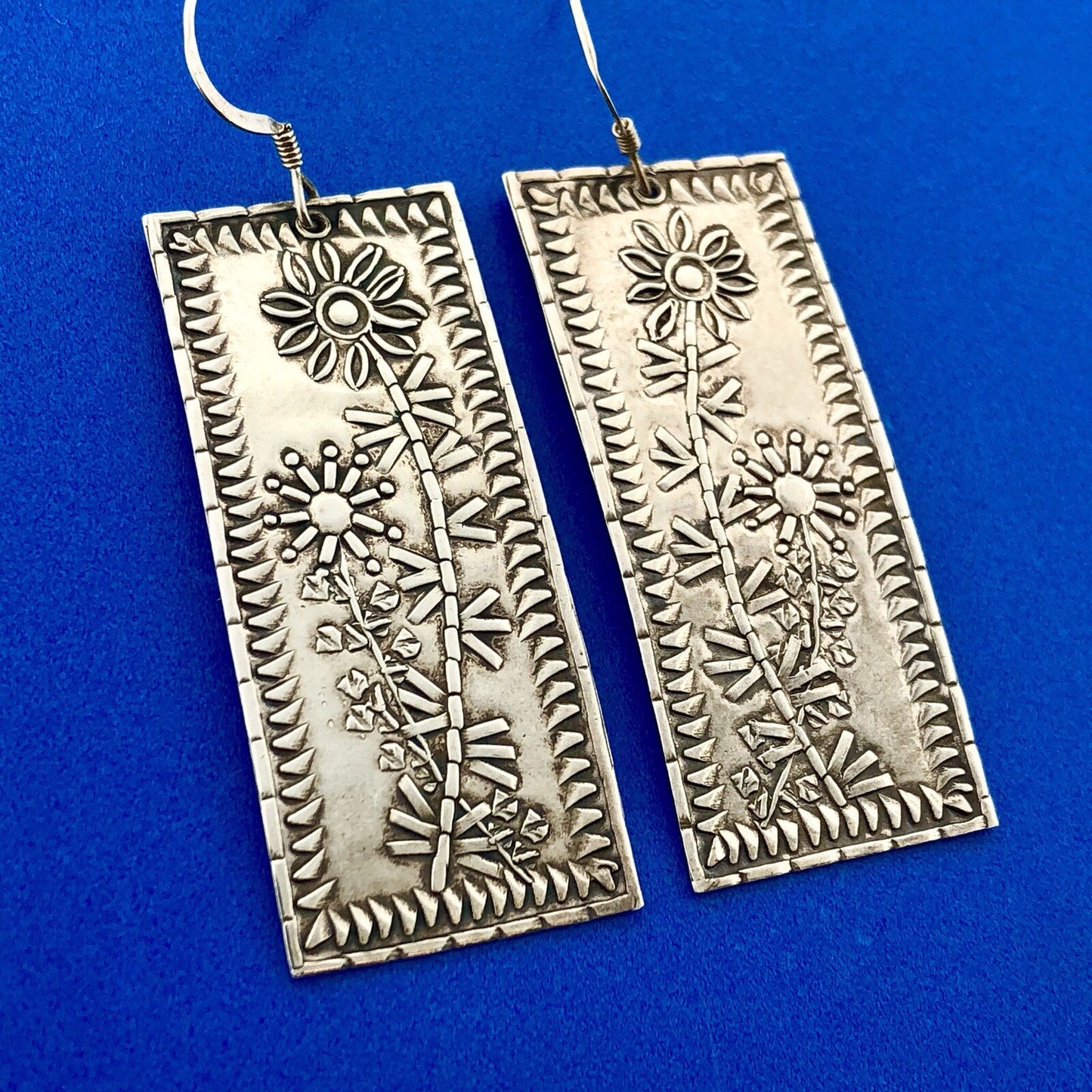 Artisan Brandon 925 Sterling Silver Floral Design Rectangle Drop Dangle Earrings