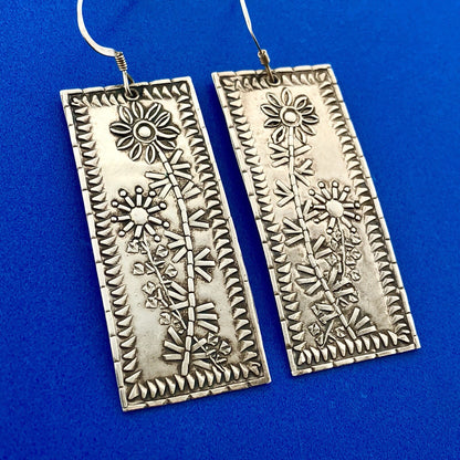 Artisan Brandon 925 Sterling Silver Floral Design Rectangle Drop Dangle Earrings