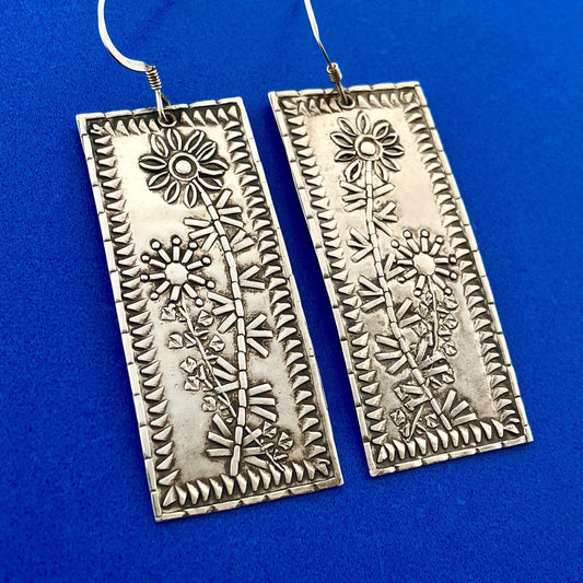 Artisan Brandon 925 Sterling Silver Floral Design Rectangle Drop Dangle Earrings