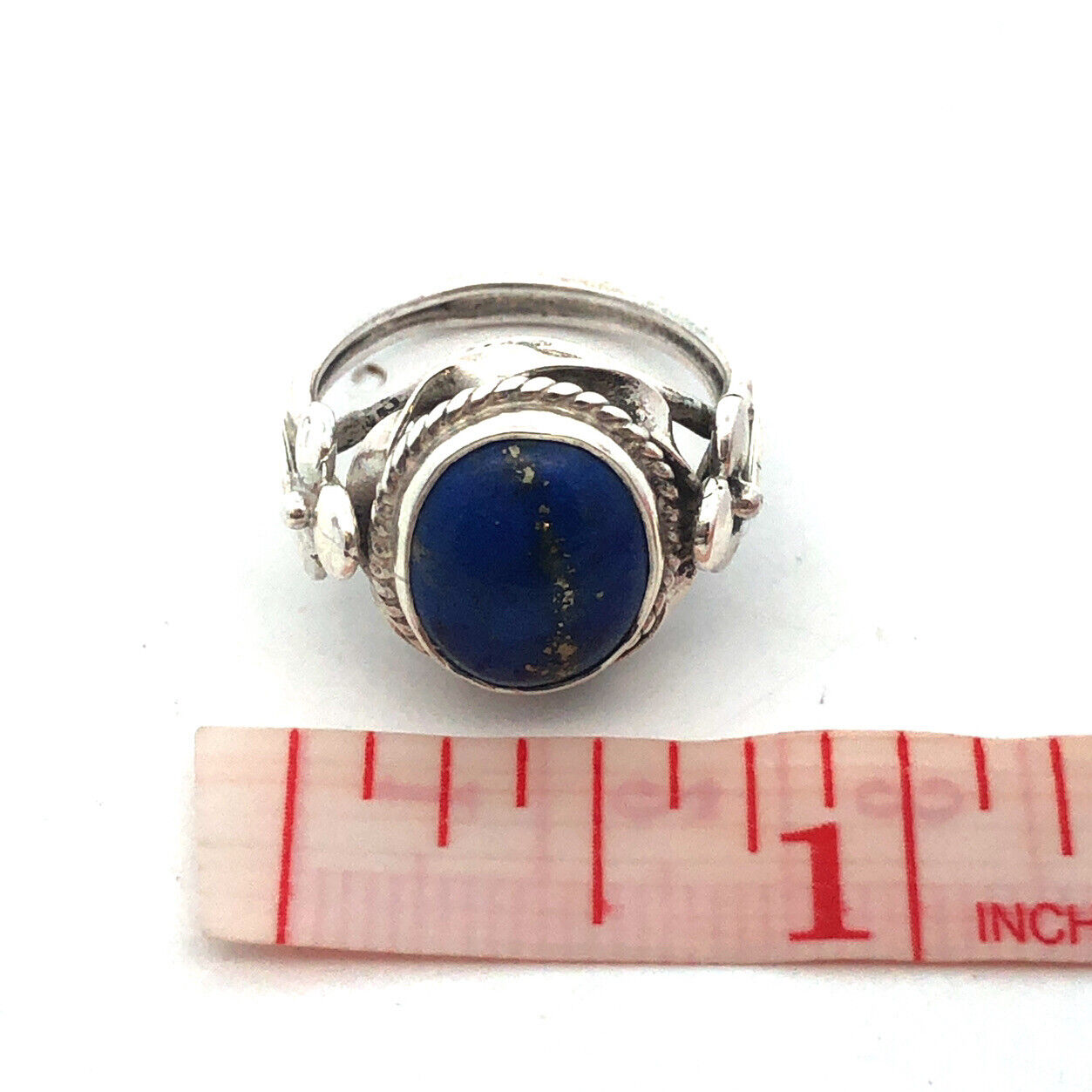 Vintage 925 Sterling Silver Oval Blue Lapis Lazuli Clover Textured Dome Ring