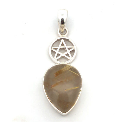925 Sterling Silver Rutilated Quartz Cabochon Star Design Drop Pendant