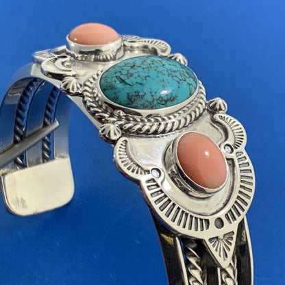 Designer REVE 925 Sterling Silver Turquoise Coral Statement Open Cuff Bracelet
