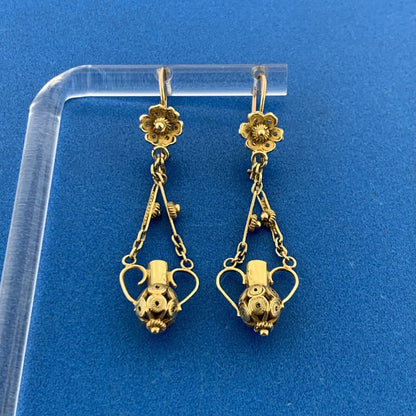 Vintage 14K Yellow Gold Open Scroll Urn Water Jug Balinese Dangle Drop Earrings