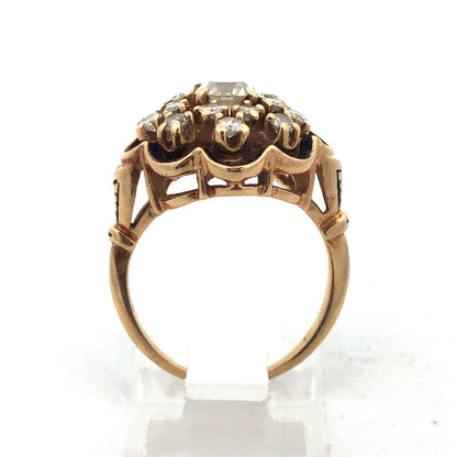 Gorgeous 14k Yellow Gold Diamond Black Enamel Georgian Cluster Ring Size 6.0