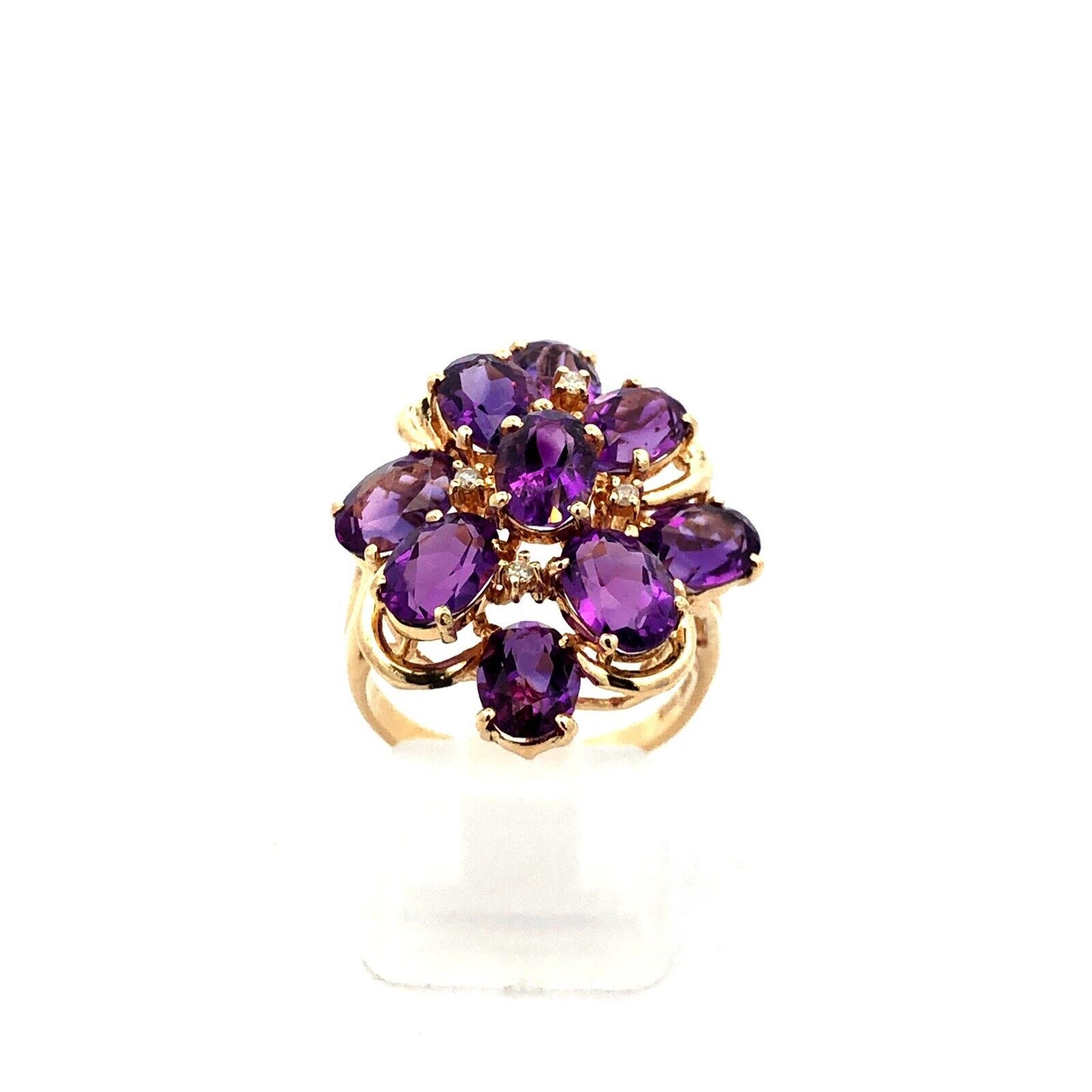 Designer 14K Yellow Gold Lab Created Oval Amethyst Diamond Cluster Cocktail Ring