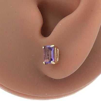 14K Yellow Gold Emerald Cut Purple Amethyst Solitaire Stud Earrings