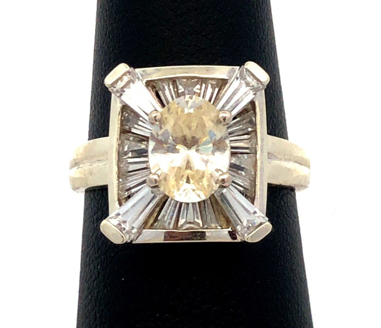 Designer PI 14K White Gold Oval Cubic Zirconia CZ Rectangle Engagement Ring
