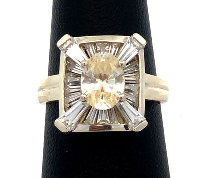 Designer PI 14K White Gold Oval Cubic Zirconia CZ Rectangle Engagement Ring