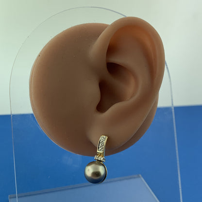 Designer 14k Yellow Gold Gray Pearl Round Diamond Accent Drop Stud Earrings
