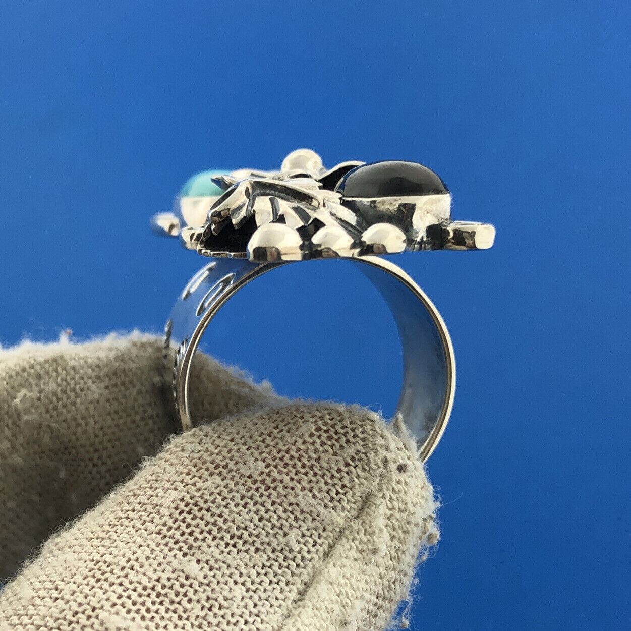 Sterling Silver 925 CII Mexico Cabochon Onyx Turquoise Finger Ring Size 9.75