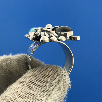 Sterling Silver 925 CII Mexico Cabochon Onyx Turquoise Finger Ring Size 9.75