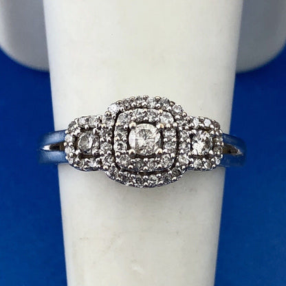 Estate 10K White Gold Diamond Double Halo Accents Engagement Anniversary Ring