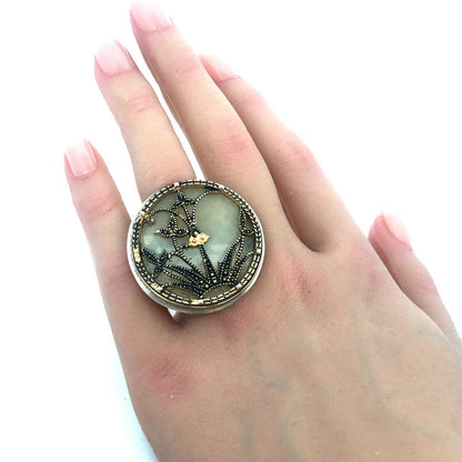 Lori Leavitt 925 Sterling Silver Gold Two Tone Asian White Jade Statement Ring