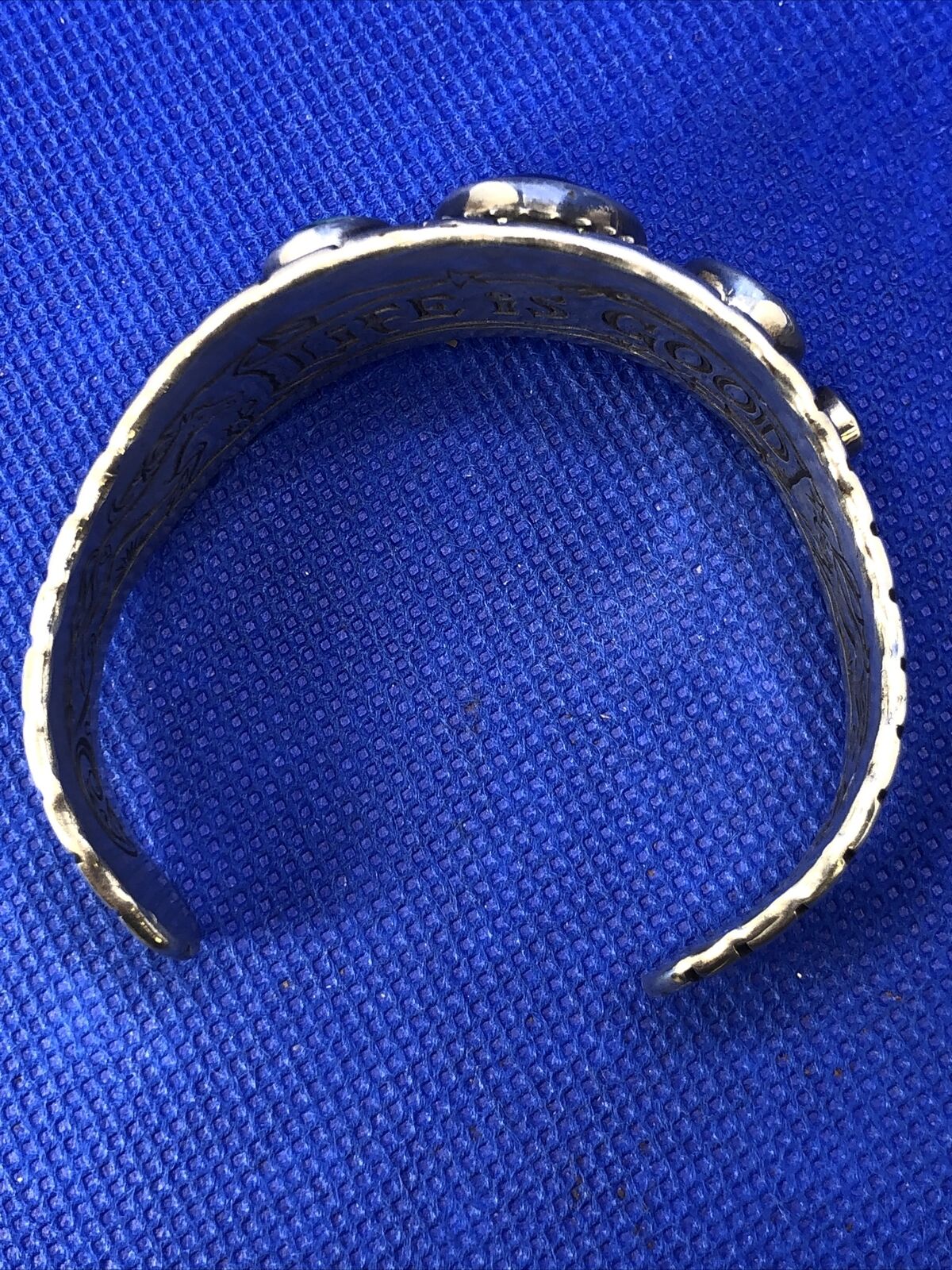 Sterling Silver Multi Stone Life is Good Scroll Design Wavy Open Cuff Bracelet