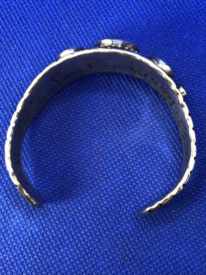 Sterling Silver Multi Stone Life is Good Scroll Design Wavy Open Cuff Bracelet