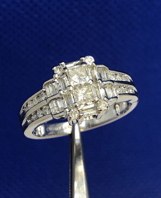 Estate 14K White Gold Princess Round Baguette Diamond Engagement Ring