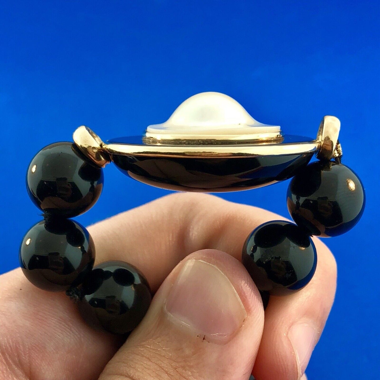 14K Yellow Gold Black Onyx Bead Mother Of Pearl Black White Modernist Necklace