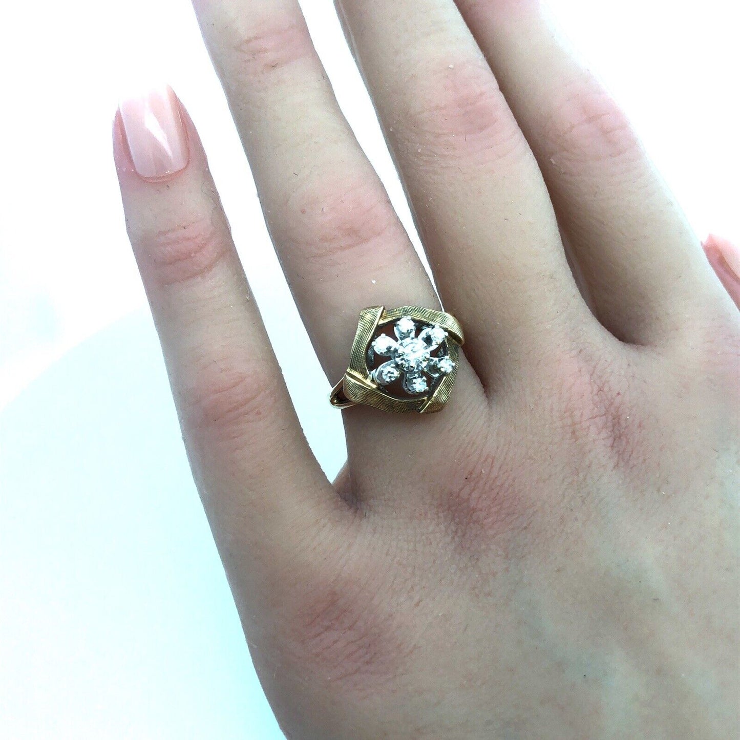 Designer OFA 14k Yellow Gold Round Cut Diamond Cluster Openwork Ring Size 6.25