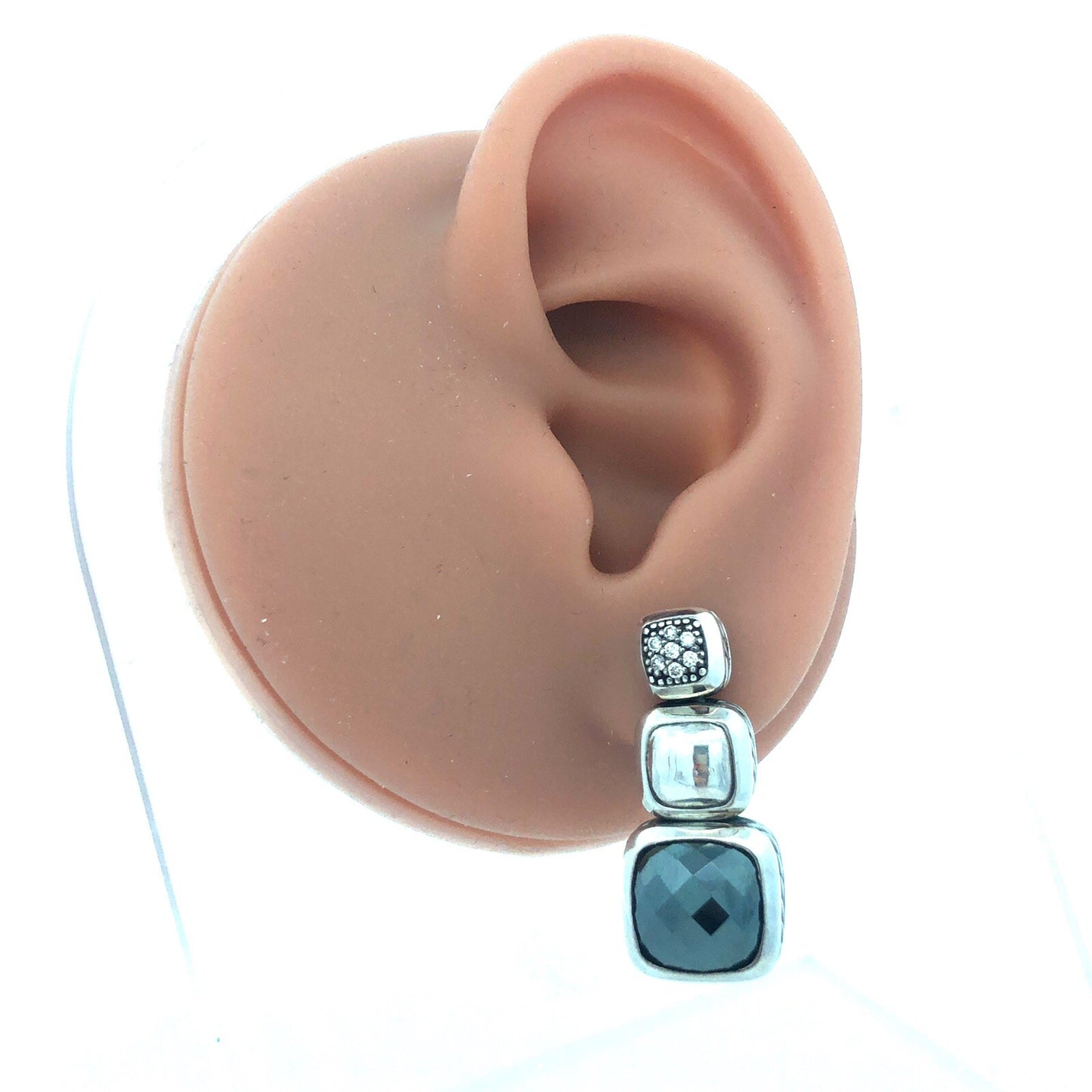 David Yurman 925 Sterling Silver Albion Cushion Cut Hematite Diamond Earrings