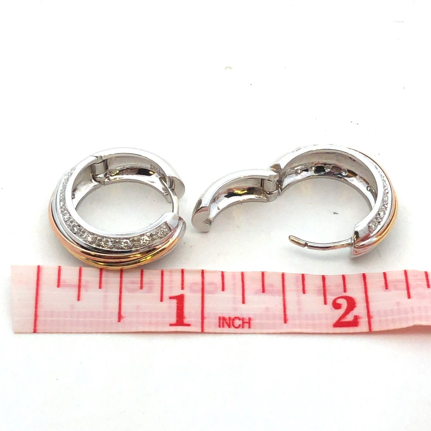Designer 18K White Yellow Gold Two Tone Round Diamond Hinged Hoop Earrings