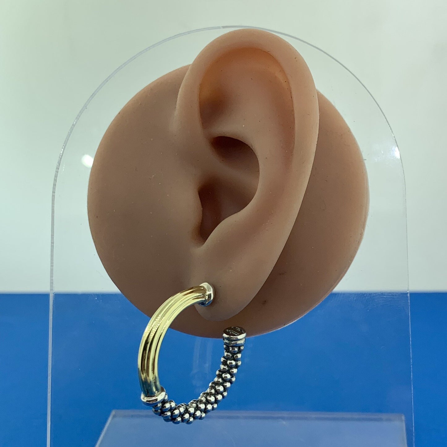 Lagos Caviar 925 Sterling Silver 18K Yellow Gold Two Toned Hoop Earrings