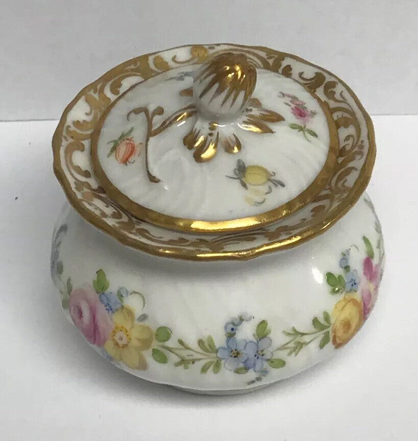 Vintage Dresden Hand Painted Gold Leaf Floral Lidded Cup/Pot No Saucer Inkwell
