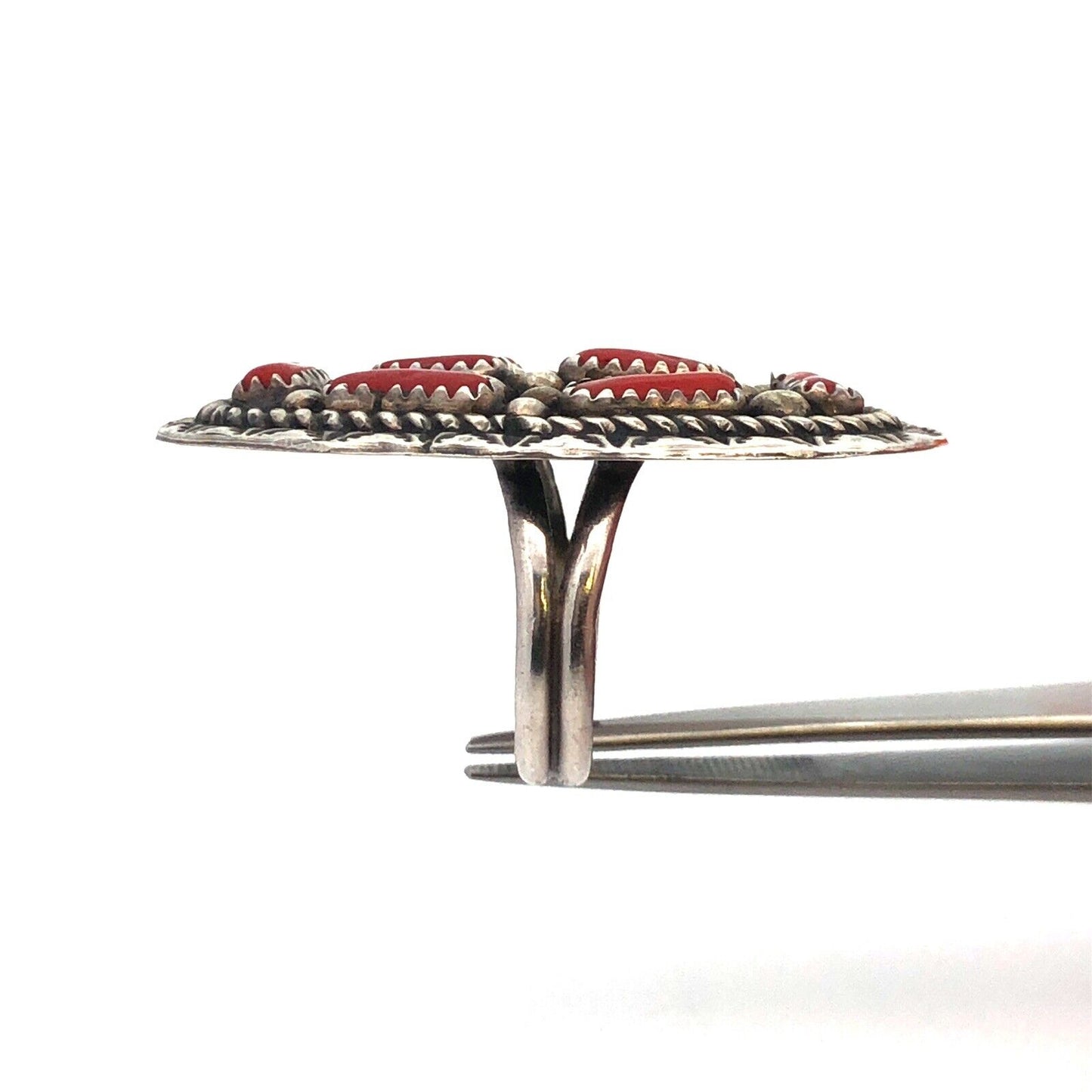 Native American 925 Sterling Silver Red Coral Statement Oval Full Finger Ring