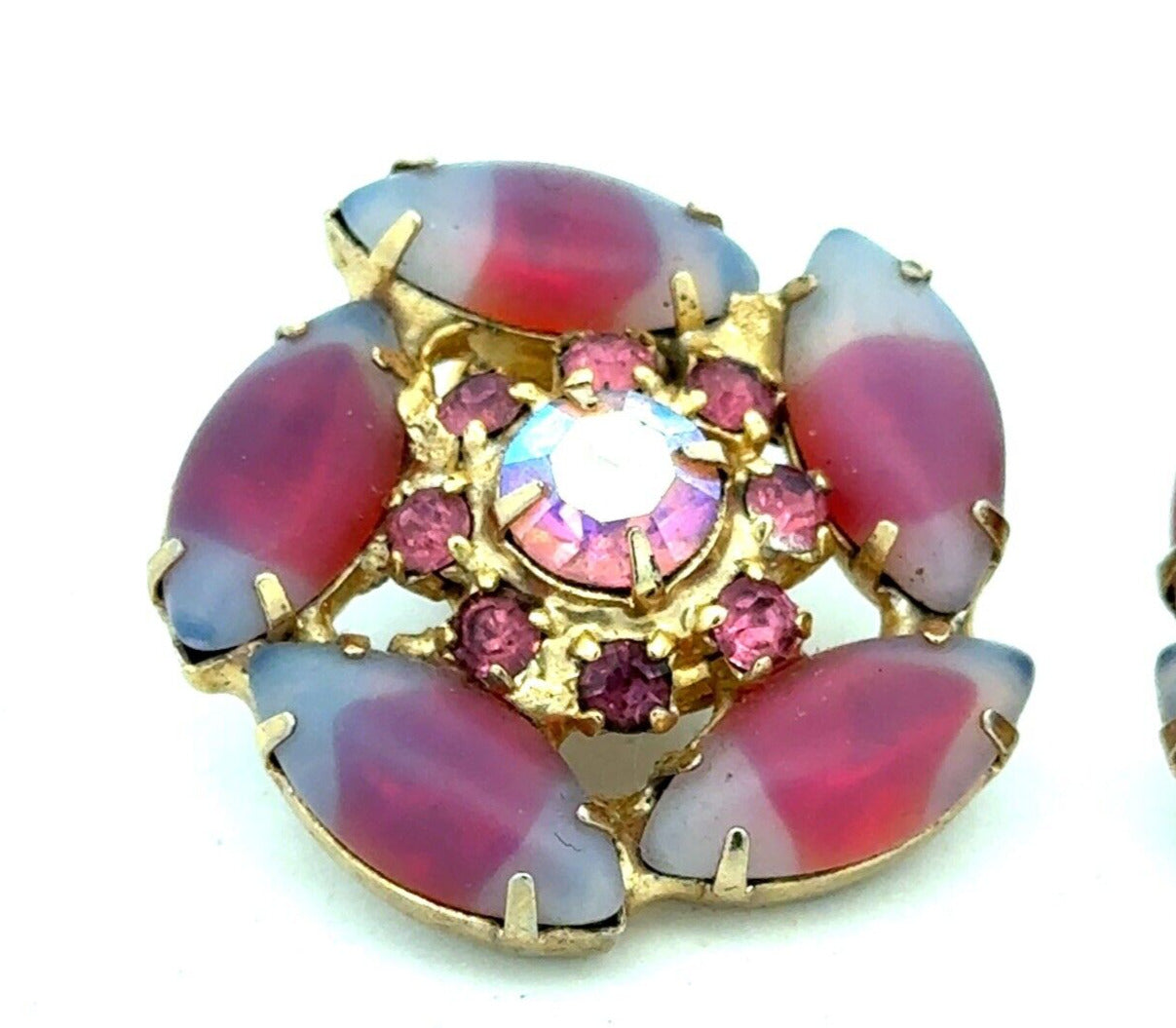 Vintage Gold Tone Pink Purple Rhinestone Jelly Belly Flower Clip On Earrings
